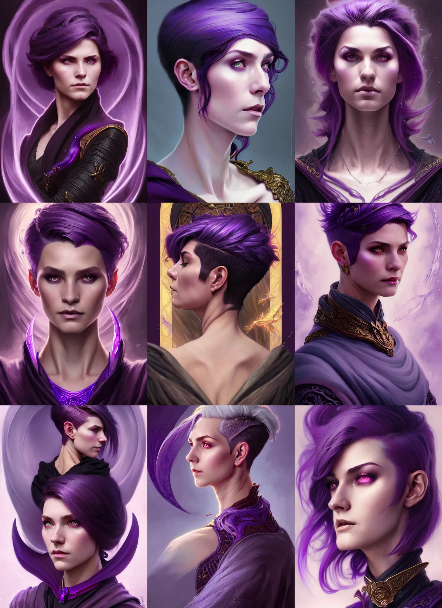 Prompt: Portrait of dragonic female witch sorcerer, D&D, undercut haircut with purple tips, fantasy, intricate, elegant, highly detailed, digital painting, artstation, concept art, smooth, sharp focus, illustration, art by artgerm and greg rutkowski and alphonse mucha