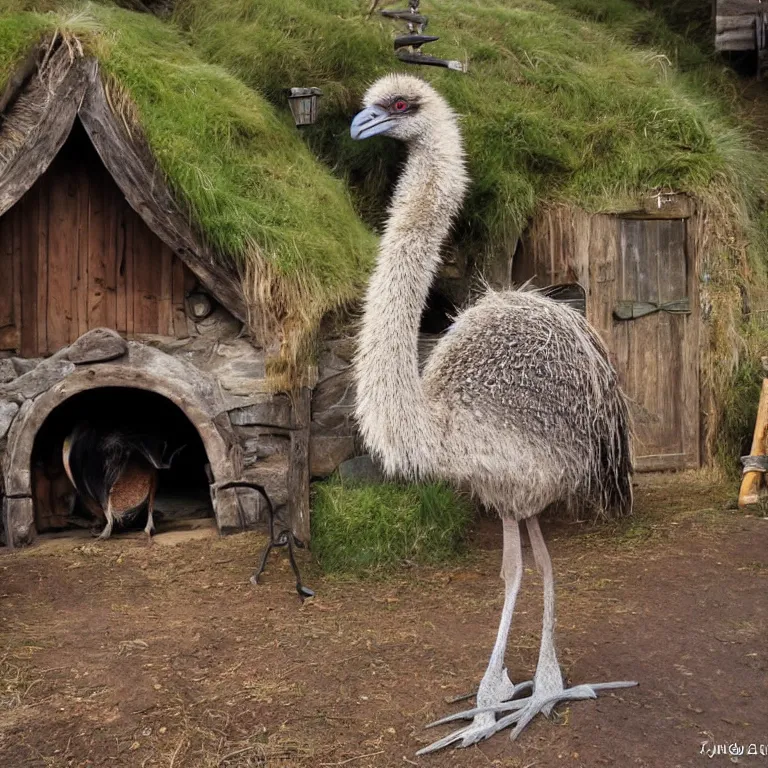 Image similar to an emu in the middle of a hobbit tavern