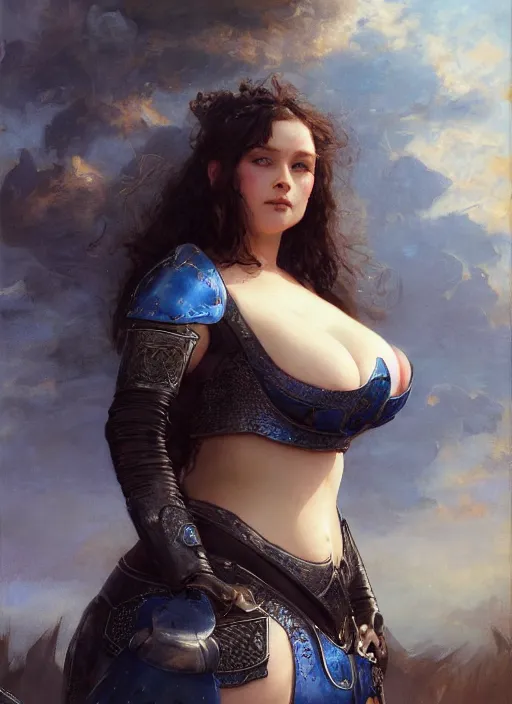 Prompt: beautiful blue - eyed mazzaratie monica bbw plumper big girl wearing tiny black medieval armour, detailed by gaston bussiere, bayard wu, greg rutkowski, giger, maxim verehin, greg rutkowski, masterpiece, sharp focus, cinematic lightning