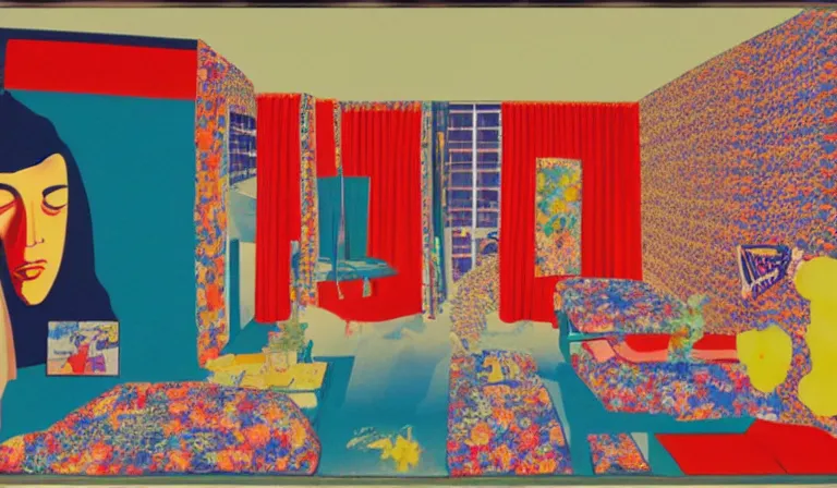 Image similar to A bedroom designed by Tadanori Yokoo, film still, by Gregg Araki