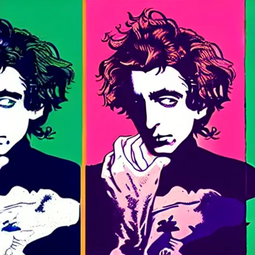 Prompt: vector art solarized screenprint of timothee chalamet as dream of the endless ( sandman ) by brian bolland and andy warhol