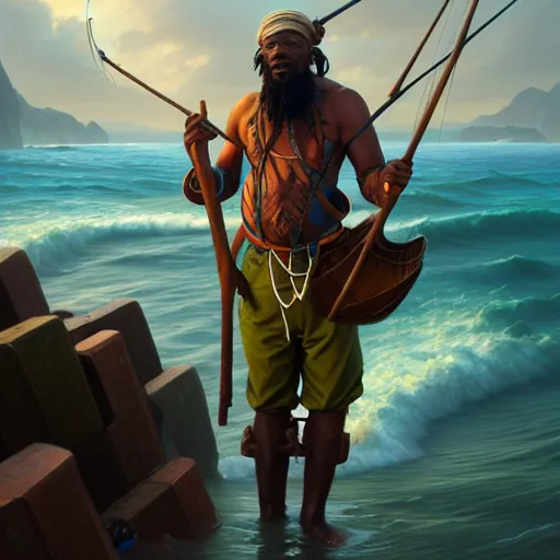 Prompt: fisherman, male, Jamaican, wide angle, open sea, D&D, fantasy, intricate, elegant, highly detailed, digital painting, artstation, octane render, concept art, matte, sharp focus, illustration, hearthstone, art by Artgerm and Greg Rutkowski and Alphonse Mucha