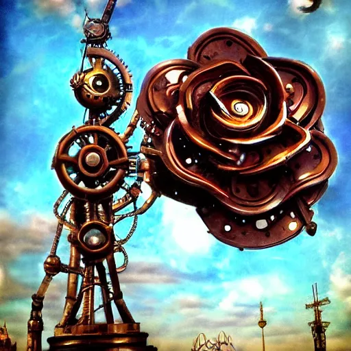 Image similar to giant mechanical rose, steampunk, fantasy art, sky, detailed, behrens style