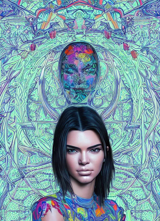 Prompt: portrait of kendall jenner an ultrafine detailed illustration by james jean, intricate linework, bright colors, final fantasy, behance contest winner, vanitas, angular, altermodern, unreal engine 5 highly rendered, global illumination, radiant light, detailed and intricate environment