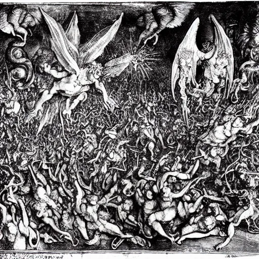 Prompt: vision of hell with winged demons flying over the flames, art by albrecht durer