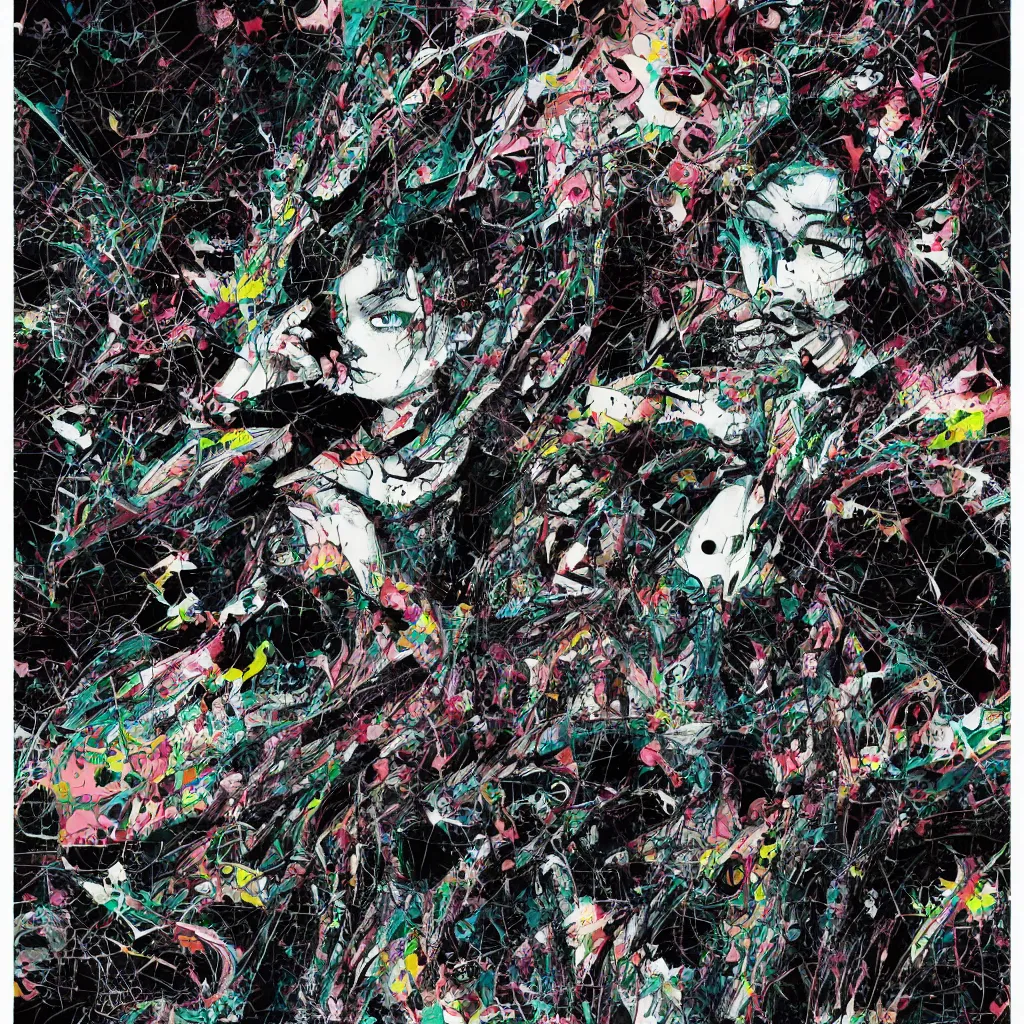 Image similar to girl figure, abstract, jet set radio artwork, ryuta ueda artwork, cryptic, rips, spots, asymmetry, stipple, lines, glitches, color tearing, pitch bending, stripes, dark, ominous, eerie, hearts, minimal, points, otomo katsuhiro artwork, technical, natsumi mukai artwrok, folds