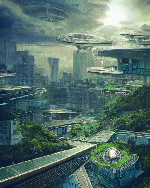 Image similar to solarpunk vehicle above a city, scifi, futuristic, bright light, highly detailed, concept art, green plants, research complex, school, white building, drones, solar panels, flowers, utopia, sharp focus, trending on artstation, intricate, atmosphere, raining, art by roman makarenko, dzung phung dinh