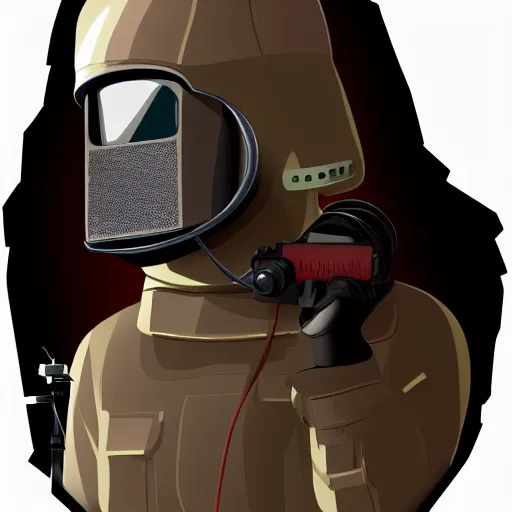 Image similar to futuristic rebel wearing black helmet, brown cloak, technical vest, and a radio backpack, photorealistic, digital art