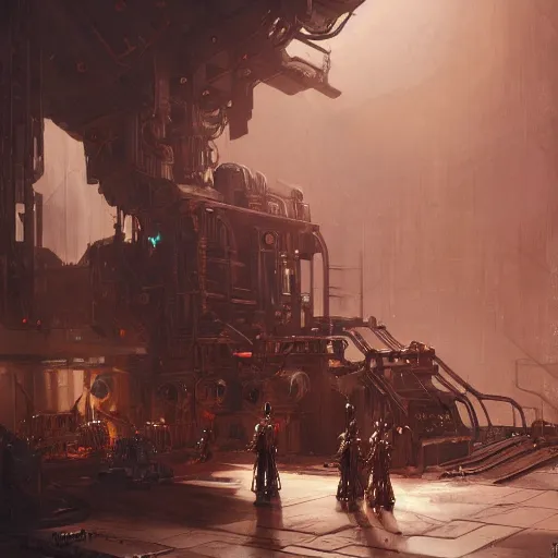 Image similar to adeptus mechanicus techpriest at a forge, by cedric peyravernay and feng zhu, highly detailed, excellent composition, cinematic concept art, dramatic lighting, trending on artstation