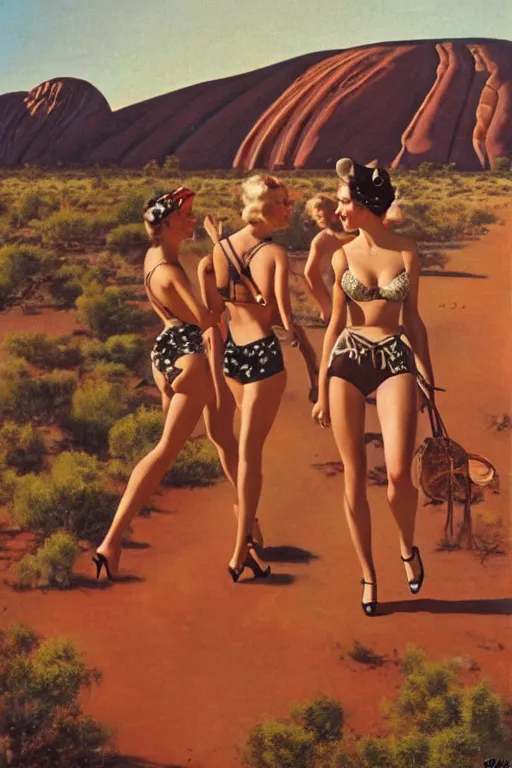 Image similar to 1940s group of pinup bikini girls walking around 1940s Ayers Rock, Uluru, in Australia, oil painting, by Gil Elvgren