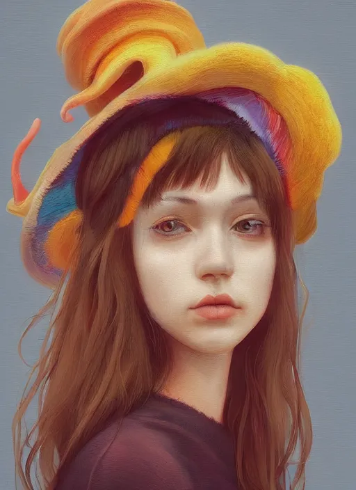 Image similar to brown eyes girl with abstract hat :: by Martine Johanna and Simon Stålenhag and Chie Yoshii and wlop and Guillermo del toro :: ornate, dynamic, particulate, rich colors, elegant, centered, artstation, smooth, sharp focus, octane render, 3d