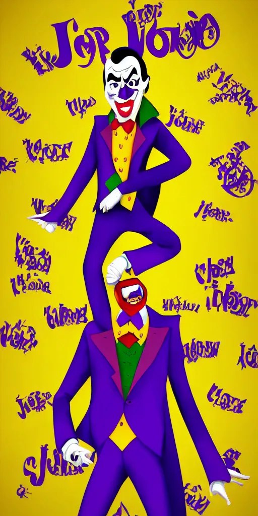 Image similar to joker wearing purple suit, yellow background, disney movie poster style, animation