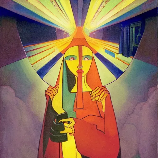 Image similar to the subway witch, by leo and diane dillon and diego rivera and nicholas roerich, dramatic lighting, god rays, smooth, sharp focus, highly detailed