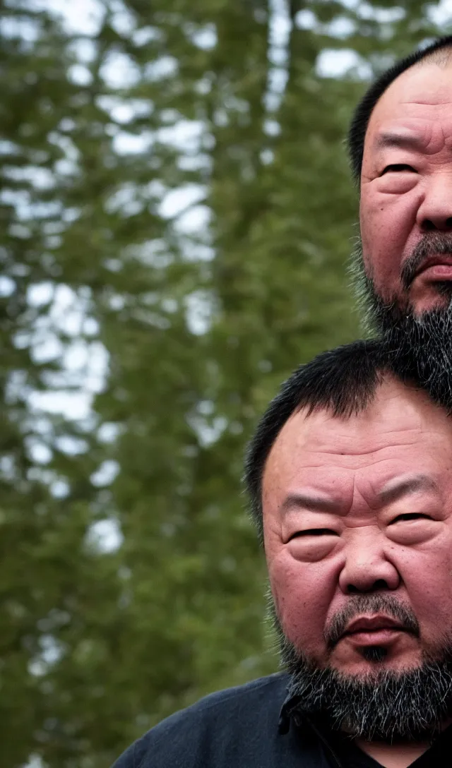 Image similar to Ai Weiwei looking angry into the camera showing his middle finger, blue soft light, a green pine tree in the background, 50 mm