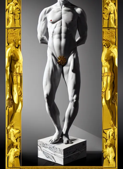 Prompt: a statue made of white marble with gold veins, of klay thompson reading the newspaper, full body shot, perfect symmetrical body, perfect symmetrical face, hyper realistic, hyper detailed, by johannen voss, by peter kemp, by monia merlo, by michelangelo, octane render, blender, 8 k