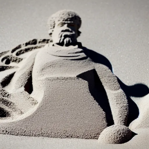 Image similar to sand sculpture of bob ross, on a busy beach, highly detailed, photograph, 5 0 mm f 1. 4, bright sunlight