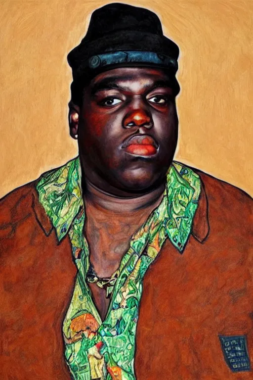 Image similar to a portrait of biggie smalls wearing boho - chic style clothes, full body!!, realistic painting in egon schiele style, masterpiece, hyperdetailed, complex, intricate, 4 k, trending on artstation