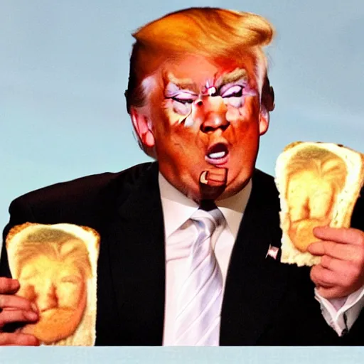 Prompt: donald trump eating a sandwich made with a picture of hilary clinton. he's reading a book of poetry written by a terrorist.