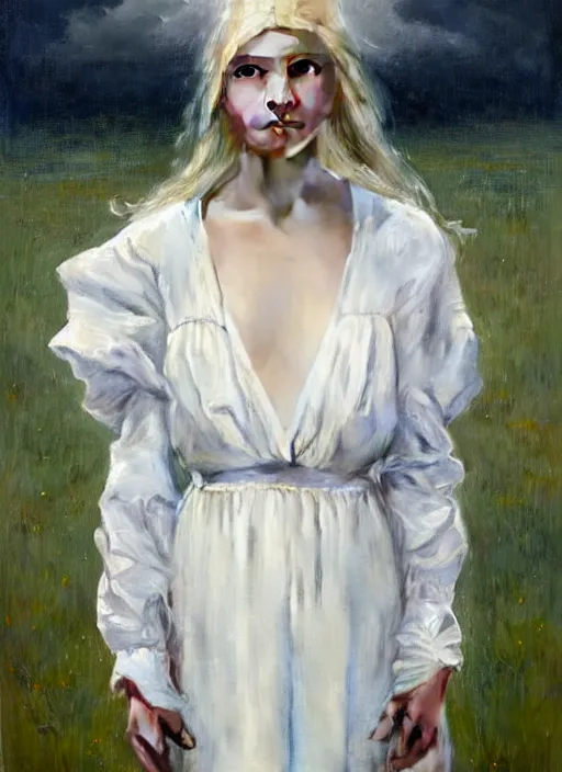 Image similar to portrait of a levitating girl dressed in white clothes, countryside, calm, fantasy character portrait, dynamic pose, above view, sunny day, thunder clouds in the sky, artwork by Jeremy Lipkin and Giuseppe Dangelico Pino and Michael Garmash and Rob Rey, very coherent asymmetrical artwork, sharp edges, perfect face, simple form, 100mm