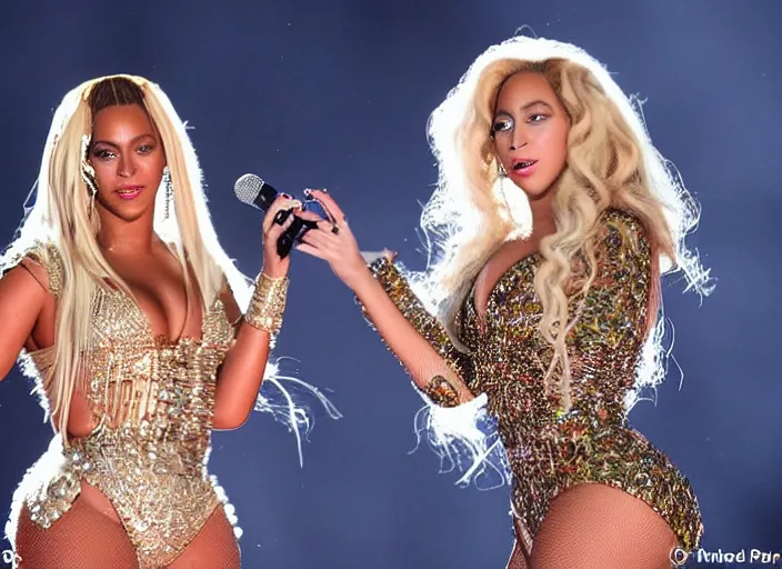 Image similar to beyonce and lady gaga perform together at a concert, ( eos 5 ds r, iso 1 0 0, f / 8, 1 / 1 2 5, 8 4 mm, postprocessed, crisp face, facial features )