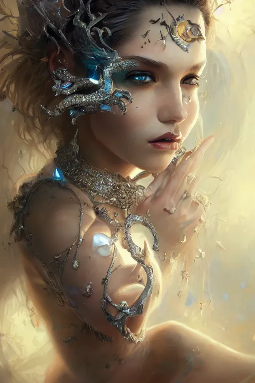 Prompt: beautifulmodel face covered with diamonds wearing crystals, diamonds, angel, fantasy, dramatic lighting, highly detailed, digital painting, magic the gathering, hyper detailed, 3 d render, hyper realistic detailed portrait, peter mohrbacher, wlop, ruan jia