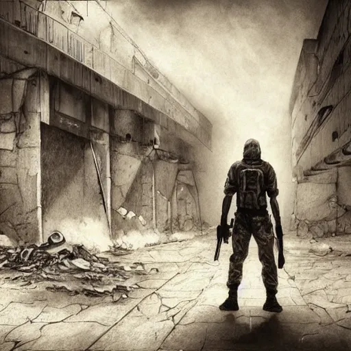 Image similar to pencil art, distant shot, realistic, cinematic, hyper detailed, smooth, soldier hiding behind wall, alien figure in the background, in a war torn area