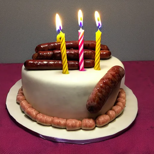 Image similar to birthday cake made entirely of meat and sausages and a candle in the middle