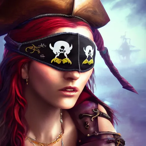 Image similar to Pirate Queen wearing an eye patch, close-up, highly detailed, high quality, fantasy concept art, soft lighting, photorealistic,