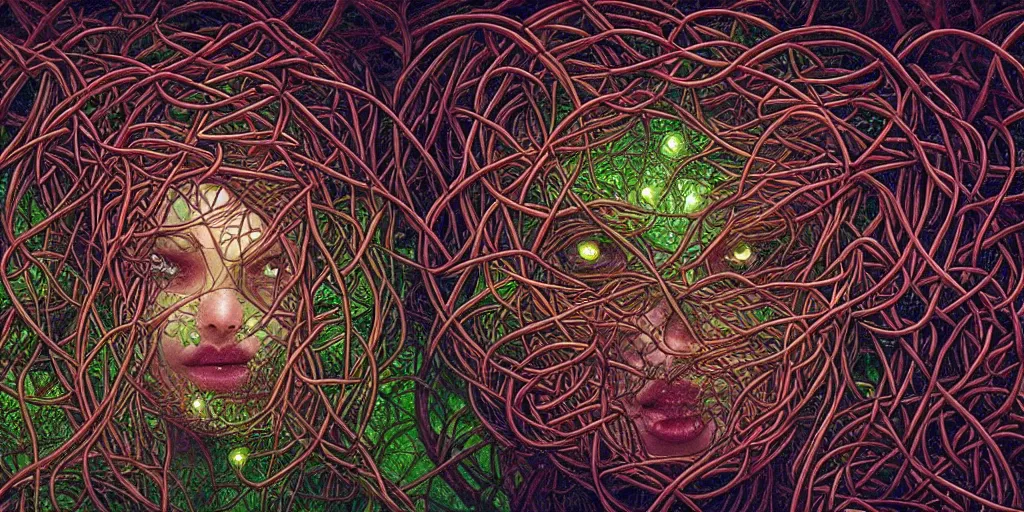 Prompt: a beautiful face with glowing eyes behind a network of extremely thick vines intertwined in the shape of a Celtic knot, central composition, high saturation, epic lighting, in the style of Peter gric and Hannah yata 8k