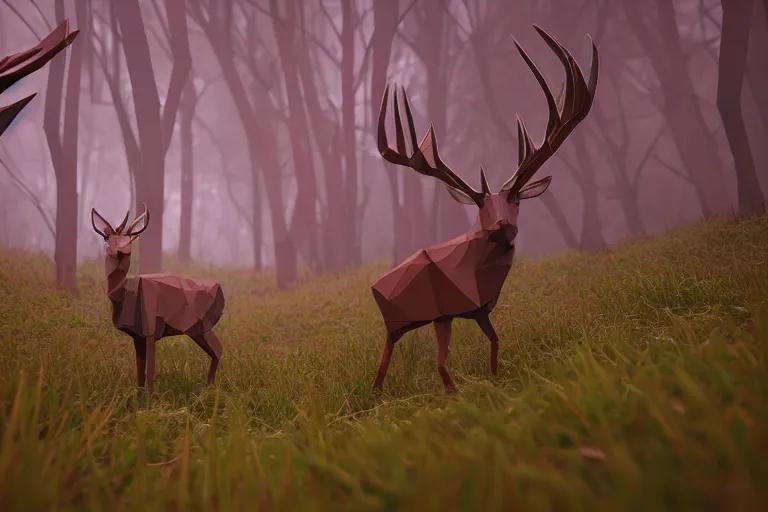 Prompt: super detailed lowpoly art, red deer in an undergrowth, unreal engine, retrowave color palette, 3 d render, lowpoly, earthy colors, digital art, perspective