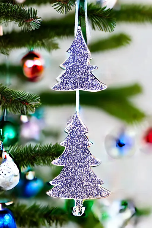 Prompt: flat sticker scandi christmas tree with kitsch glitzy baubles and stars and christmas robin bird decorations, silver sapphire blue white mood, smooth sharp focus