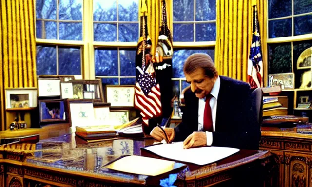 Prompt: frightening skeksis president signs a bill in oval office, associated press photo, national archives, nineteen eighties, highly detailed, vfx