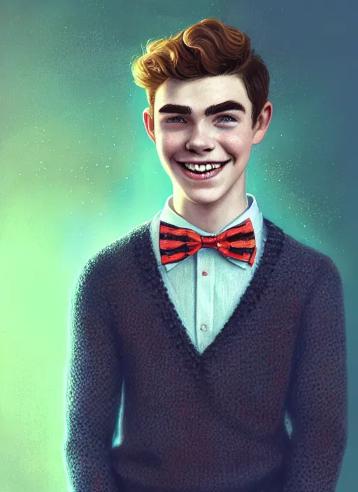 Image similar to portrait of teenage archie andrews, freckles, curly middle part haircut, curly hair, middle part hairstyle, smiling kindly, wearing a bowtie and sweater vest, intricate, elegant, glowing lights, highly detailed, digital painting, artstation, concept art, smooth, sharp focus, illustration, art by wlop, mars ravelo and greg rutkowski