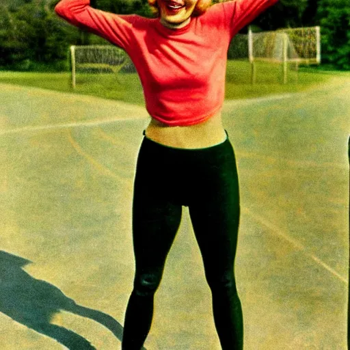 Prompt: a 1 9 2 8 color portrait. happy, healthy, smiling, sporty, glowing greta garbo in athletic wear with big smile and healthy teeth. colorful, realistic, high quality.