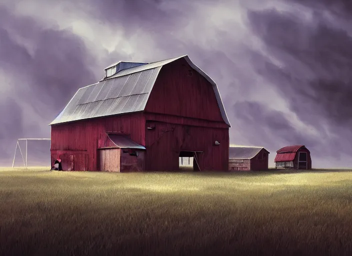 Image similar to A barn at an Iowan farm, barndoors broken open, game art matte painting hyperdetailed, artstation, cgsociety, 8k, surreal dream landscape