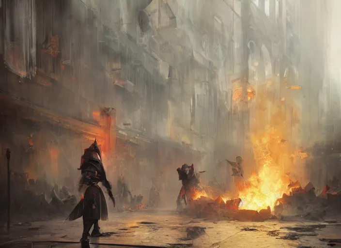 Image similar to knights go away destroyed fire volumetric lighting, digital painting, highly detailed, artstation, sharp focus, illustration, concept art, ruan jia, steve mccurry, amazing composition