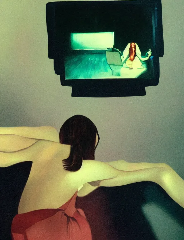 Image similar to woman in dark room sitting on a chair infront of tv, blue rays from tv, redshift, wide shot, coloured polaroid photograph, pastel, kodak film, hyper real, stunning moody cinematography, by maripol, fallen angels by wong kar - wai, style of suspiria and neon demon, david hockney, detailed, oil on canvas