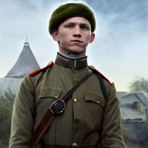 Prompt: fullbody portrait of angry tom holland wearing russian ww 1 clothes, with dark black beanie on head, white thatch houses in village at background, style ivan talavera and artgerm, radiant lighting, hyper realistic, photorealistic, octane render, trending on artstation, cgsociety, cinematic light, global illumination