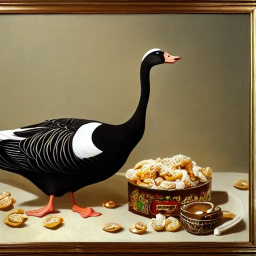 Image similar to a goose eating cereal oil on canvas, intricate, portrait, 8k highly professionally detailed, HDR, CGsociety