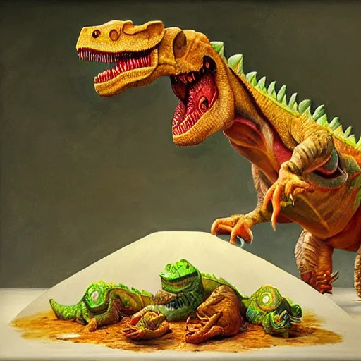 Prompt: a wonton rapper raptor, food dinosaur, dinosaur made of food, painting by james gurney