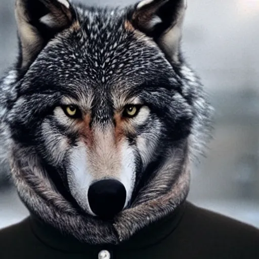 Image similar to handsome male anthropomorphic wolf, wearing a turtleneck, realistic advertising magazine photo