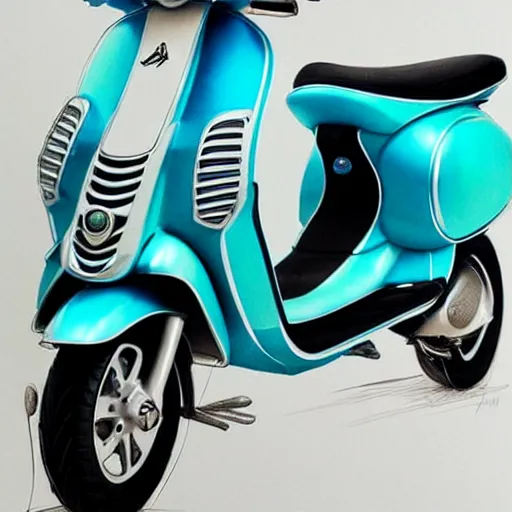 Prompt: a turquoise vespa moped, ultra realistic, concept art, intricate details, highly detailed, photorealistic, pencil and watercolor, art by artgerm and greg rutkowski
