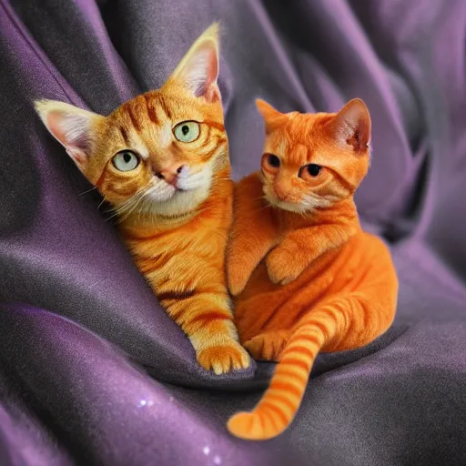 Image similar to tiny adorable purple fantasy dragon cuddles an orange tabby cat, realistic, orange tabby cuddles purple dragon, award - winning photography