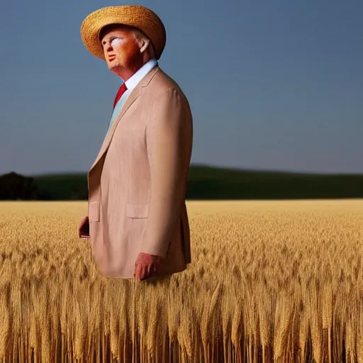 Image similar to a magazine photo of Donald Trump wearing a sundress and straw hat, walking through a field of wheat” three quarter portrait