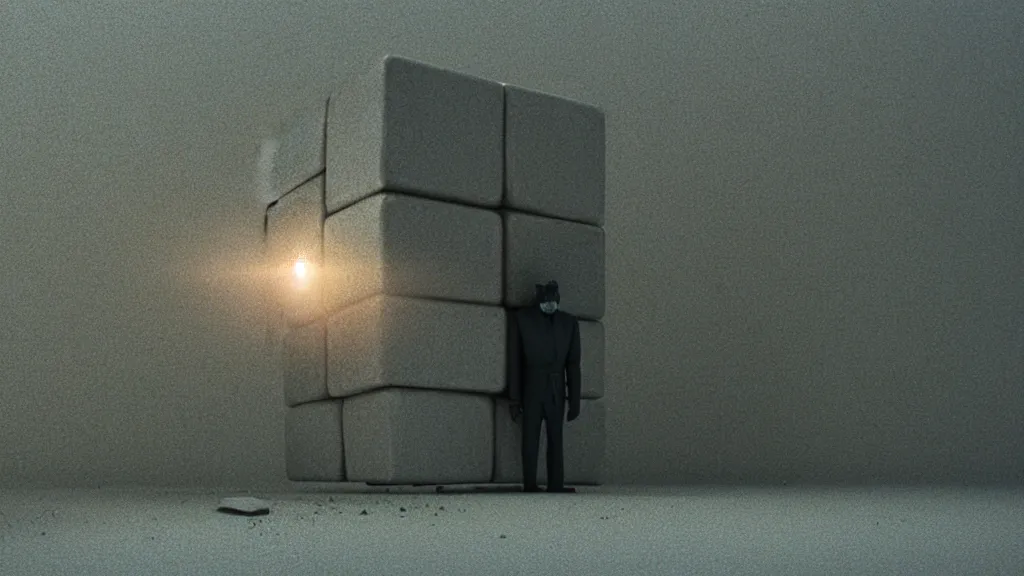 Prompt: cube man, film still from the movie directed by denis villeneuve and david cronenberg with art direction by salvador dali and zdzisław beksinski, wide lens