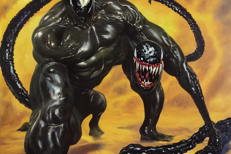 Prompt: a oil painting of dwayne johnson as venom the symbiote, oily, slimey, venom is covering him completely, black slime, drawn by frank frazetta