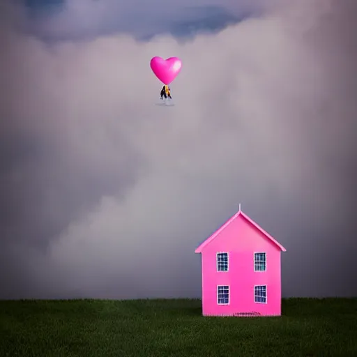 Image similar to dream a 5 0 mm lens photograph of a cute pink floating modern house, floating in the air between clouds, inspired by the movie up, held up from above by heart ballons. mist, playful composition canon, nikon, award winning, photo of the year