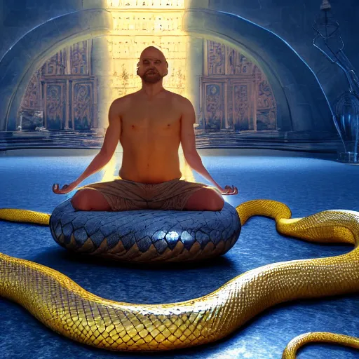 Prompt: meditating man in the center, giant snake with golden letters on its scales flying around the man, ultra-hd ray-traced reflections, fantasy style, insanely detailed, hyper-maximalist, hyper-realistic, super-detailed, 8k