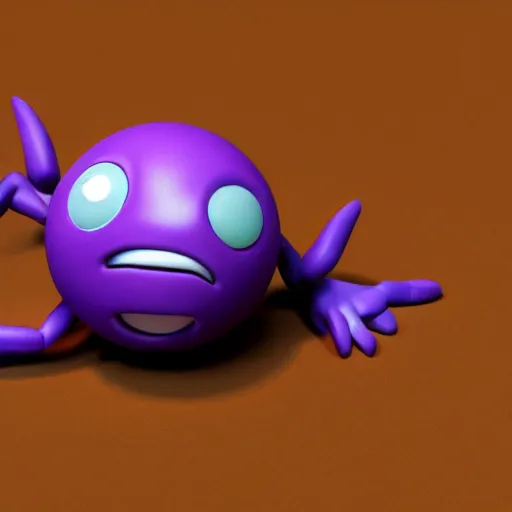 Image similar to photo of a comically tiny clay model of character with large spherical purple head and large childlike eyes with comically tiny body and spindly limbs leans close to the camera, fish eye lens, 4 k, hyper realistic, hyper detailed face, octane render, comedic, cute