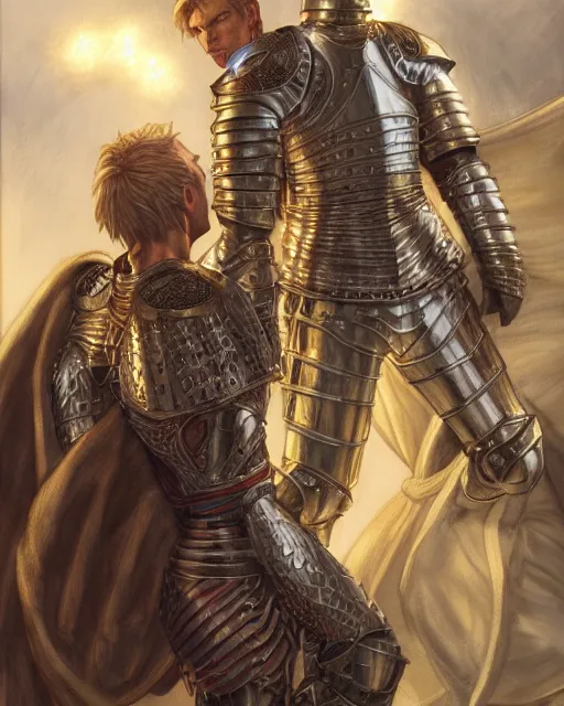 Image similar to attractive arthur pendragon confesses his love for his attractive male knight, highly detailed, very intricate, cinematic lighting, by donato giancola and rossdraws and magali villenueve, featured on artstation